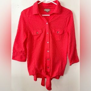 Live And Let Live Coral Eyelit Lace Button Up Waist Tie Sz S Blouse